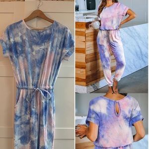 Blue/pink tie dye jumpsuit - casual or pajamas!